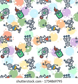 Cute bobots color seamless pattern. Endless texture with funny toys for kids or fiction. Vector game background
