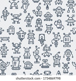 Cute bobots color seamless pattern. Endless texture with funny toys for kids or fiction. Vector game background