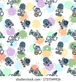 Cute bobots color seamless pattern. Endless texture with funny toys for kids or fiction. Vector game background