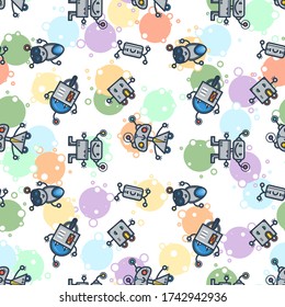 Cute bobots color seamless pattern. Endless texture with funny toys for kids or fiction. Vector game background