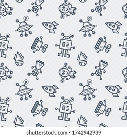 Cute bobots color seamless pattern. Endless texture with funny toys for kids or fiction. Vector game background