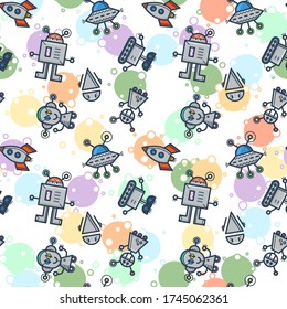 Cute bobots color seamless pattern. Endless texture with funny toys for kids or fiction. Vector game background
