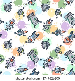 Cute bobots color seamless pattern. Endless texture with funny toys for kids or fiction. Vector game background