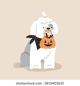 Cute Bobtail dog with a pumpkin bucket of candy at a Halloween party. Pet character for fall holiday designs in a flat style.