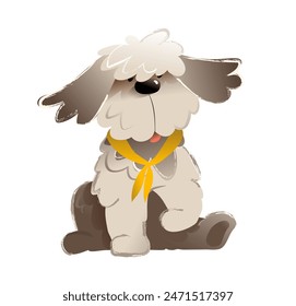 Lindo cachorro de perro bobtail, perro grande peludo de pura raza.. Diseño gráfico de personaje perrito, ilustración infantil en estilo acuarela. Vector animal doméstico Clipart de dibujos animados para niños.