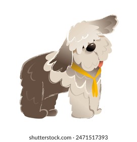 Cute Bobtail dog puppy standing, purebred big fluffy dog.. Large doggy, best friend character graphic design, kids illustration. Domestic animal vector clipart cartoon for children.