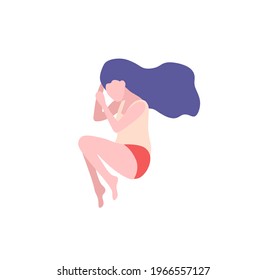 A cute body positive girl in underwear lies on her side asleep, sad. Bodypositive and feminism concept