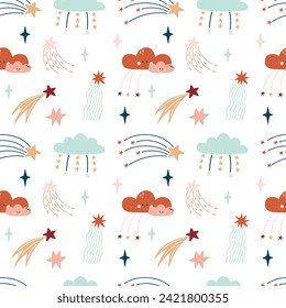 Cute bohemian baby seamless pattern with clouds, stars, rainbows. Vector pattern in boho style in warm pastel colors. Set of illustrations for the children's room, postcards, baby parties
