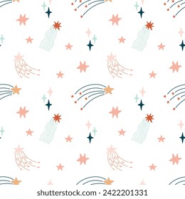 Un lindo patrón bohemio de bebé sin costuras con nubes, estrellas, sol. Patrón vectorial en estilo boho en colores pastel cálidos. Conjunto de ilustraciones para la habitación de los niños, postales, fiestas de bebés