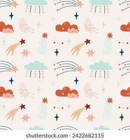 Un lindo patrón bohemio de bebé sin costuras con nubes, estrellas, arcos. Patrón vectorial en estilo boho en colores pastel cálidos. Conjunto de ilustraciones para la habitación de los niños, postales, fiestas de bebés