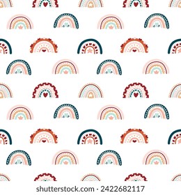 Cute bohemian baby seamless pattern with rainbows, clouds, stars. Vector pattern in boho style in warm pastel colors. Set of illustrations for the children's room, postcards, baby parties