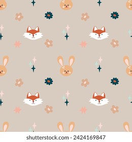 Cute bohemian baby seamless pattern with cute fox, rabbit in boho style in warm pastel colors. Vector set of illustrations for the children's room, postcards, baby parties