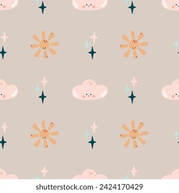 Cute bohemian baby seamless pattern with clouds, stars, sun. Vector pattern in boho style in warm pastel colors. Set of illustrations for the children's room, postcards, baby parties