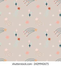 Cute bohemian baby seamless pattern with clouds, stars, sun. Vector pattern in boho style in warm pastel colors. Set of illustrations for the children's room, postcards, baby parties
