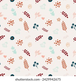 Cute bohemian baby seamless pattern with twigs, leaves, herbs, plants in boho style in warm pastel colors. Vector set of illustrations for the children's room, postcards, baby parties