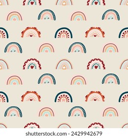 Cute bohemian baby seamless pattern with rainbows, clouds, stars. Vector pattern in boho style in warm pastel colors. Set of illustrations for the children's room, postcards, baby parties