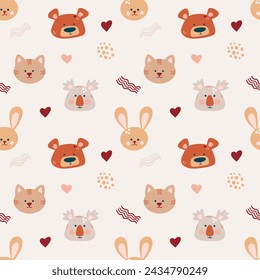 Cute bohemian baby seamless pattern with cute animals, koala, cat, rabbit, bear in boho style in warm pastel colors. Set of illustrations for the children's room, postcards, baby parties