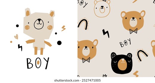 Cute bohemian beige brown bear seamless pattern minimalist newborn baby cartoon doodle character beige boho scandinavian background.