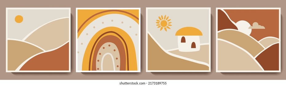 Cute Bohemian Card Set. Boho Nursery Posters With Mountains, Sun, Moon, Landscape, Rainbow, Little House. Vector Cartoon Illustrations Collection For Kids Room Decoration