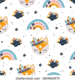 Patrón bohemiano sin fisuras con zorros, arcos, nubes, estrellas y plumas en ilustración vectorial de estilo escandinavo para diseño o impresión.