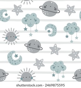 Cute bohemian hand drawn blue and grey moon, stars, sun, cloud with rain, kids wallpaper seamless pattern design