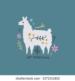 Cute bohemian llama drawing with floral decor elements, hand drawn vector illustration for cards, posters, t-shirts and more