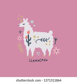 Cute bohemian llama drawing with floral decor elements, hand drawn vector illustration for cards, posters, t-shirts and more