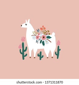 Cute bohemian llama drawing with floral decor elements, hand drawn vector illustration for cards, posters, t-shirts and more