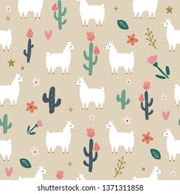 Cute bohemian llama seamless pattern, drawing with floral decor elements, hand drawn vector illustration for cards, posters, t-shirts and more