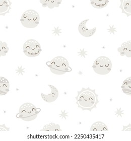 A cute bohemian pattern for the walls in a child's room. Seamless vector pattern. Cute planets with faces 