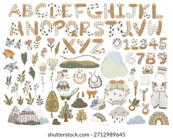 Nettes Boho-Alphabet und Zahlen mit Holztextur gesetzt. Handgezeichnete Vektorskandi-Briefe, Blumen und Babyelemente für Kindergartendekoration, Lehrplakate oder Duscheinladungen.