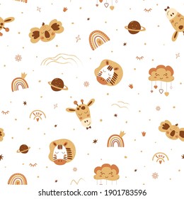 Cute boho animals pattern. Baby animals, rainbows. Boho safari animals. Yellow neutral seamless pattern. Vector illustration. Kids animal print. Yellow zibra koala rainbow, crown, stars, giraffe face.