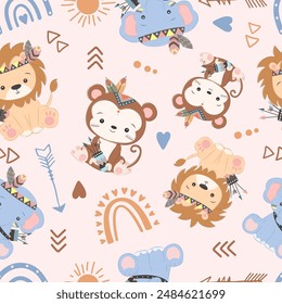 Cute boho animals seamless pattern
