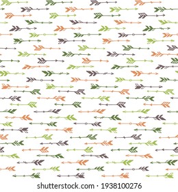 Cute boho arrows graphic seamless ornament. Ethnic aztec design. Tribal indian motif. Bohemian arrows isolated. Kids room wallpaper pattern. Archery symbols.
