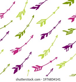 Cute boho arrows graphic seamless pattern. Ethnic aztec design. Indigenous american motive. Bohemian arrows illustration. Kids clothes fabric print patter. Weapon objects.