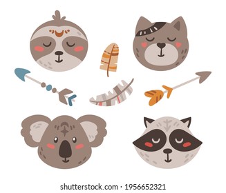 Cute boho baby animal faces and arrows isolated cliparts set