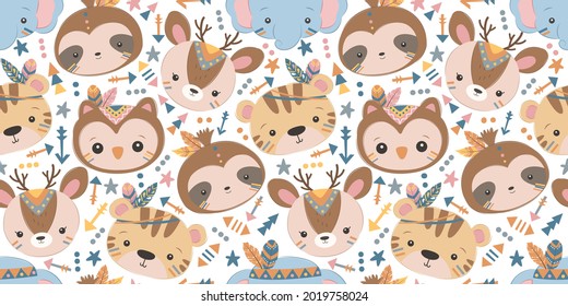 Cute boho baby animal faces in seamless pattern, perfect for fabric, background, decoration, scrapbooking, wrapping and many more