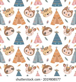 Cute boho baby animal faces in seamless pattern, perfect for fabric, background, decoration, scrapbooking, wrapping and many more