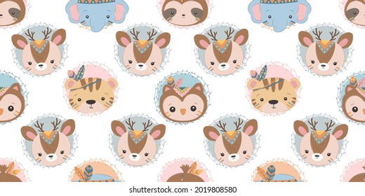 Cute boho baby animal faces in seamless pattern, perfect for fabric, background, decoration, scrapbooking, wrapping and many more