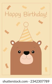 Cute boho baby birthday card in Scandinavian style. Cute Bear Happy Birthday Card for Kids to Loved Ones on Birthday and Greeting Cards. 