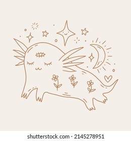 Cute boho baby girl magic cartoon salamander axolotl vector illustration. Funny ambystomidae.