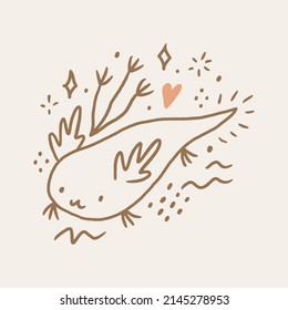 Cute boho baby girl magic cartoon salamander axolotl vector illustration. Funny ambystomidae.