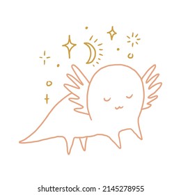 Cute boho baby girl magic cartoon salamander axolotl vector illustration. Funny ambystomidae.