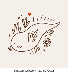 Cute boho baby girl magic cartoon salamander axolotl vector illustration. Funny ambystomidae.