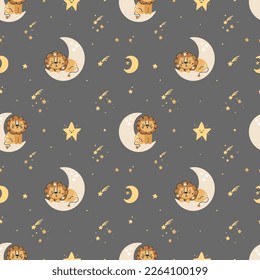 
Cute boho baby lion with stars and moon vector seamless pattern background. Hand drawn bohemian kids background.
Texture for fabric, wrapping, textile, wallpaper, apparel. Vector graphic
