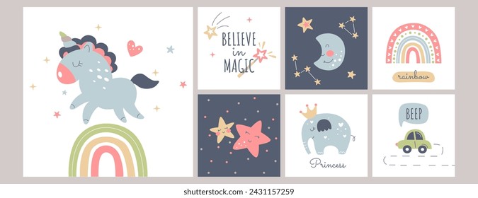 Cute boho baby posters in Scandinavian style. Bohemian nursery cards with unicorn, rainbow, stars, moon, car and elephant animal. Vector print decor for kids bedroom. Newborn wall art sleep collection