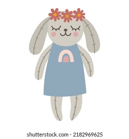 Cute boho bunny toy. Print for nursery decor. Scandinavian style kids room decoration. Vector illustration
