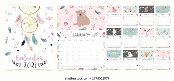 Cute Boho Calendar 2021 With Bear, Dreamcatcher, Feather For Children, Kid, Baby