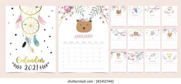 Cute Boho Calendar 2021 With Bear, Dreamcatcher, Feather For Children, Kid, Baby