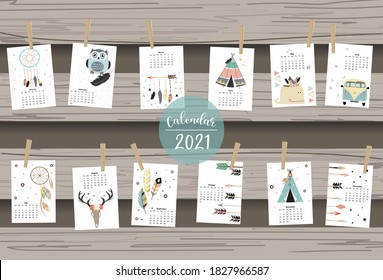 Cute boho calendar 2021 with feather,catcher,wild,wreath for children, kid, baby.Can be used for printable graphic.Editable element